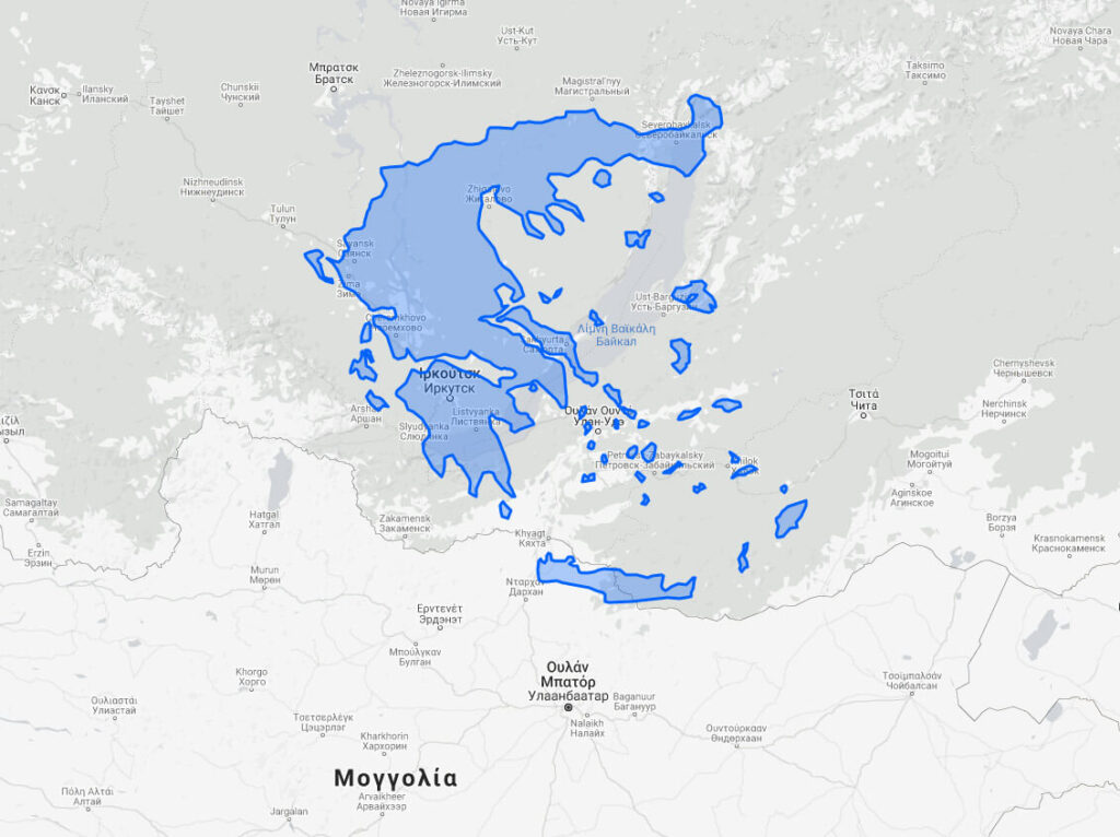 Εδώ οι καλοί οι χάρτες: Η λίμνη Βαϊκάλη σε σύγκριση με την Ελλάδα! Είναι το 1/4 σε μέγεθος και εκτείνεται σε αντίστοιχη απόσταση από τον Έβρο ως τη νoτιοδυτική Πελοπόννησο.