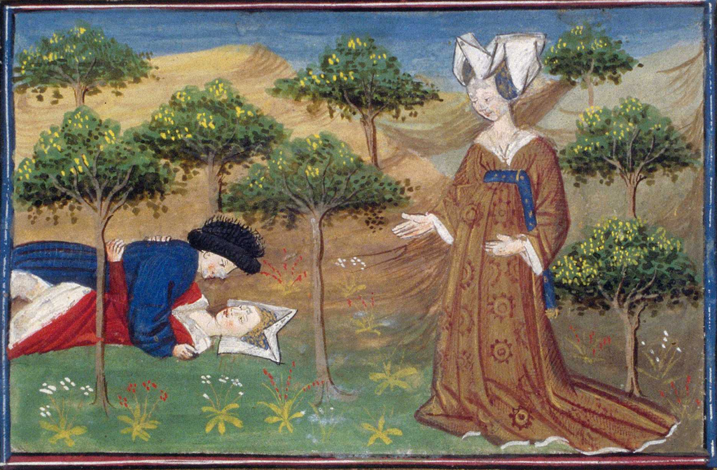 Η Μόργκαν συλλαμβάνει τον εραστή της να την απατά στην «Κοιλάδα χωρίς επιστροφή» (παράσταση από χειρόγραφο με θέμα την ιστορία του Λάνσελοτ, Εθνική Βιβλιοθήκη Γαλλίας)