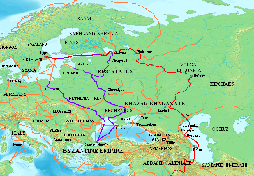 Χάρτης με τις εμπορικές οδούς των Βαράγγων στην ανατολική Ευρώπη (με μωβ η εμπορική οδός του Δνείπερου)