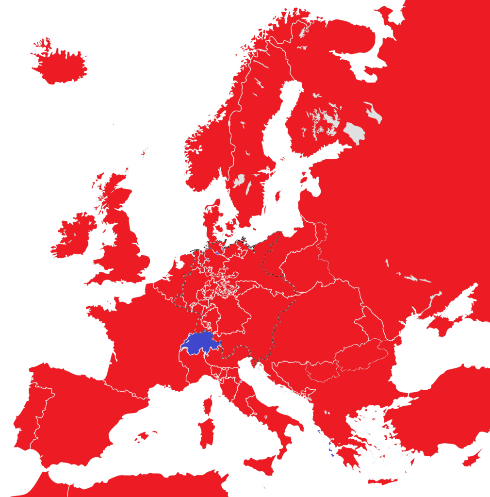 Χάρτης με τις μοναρχίες (κόκκινο) και τις δημοκρατίες (μπλε) στην Ευρώπη το 1815 (πηγή: Wikimedia Commons)