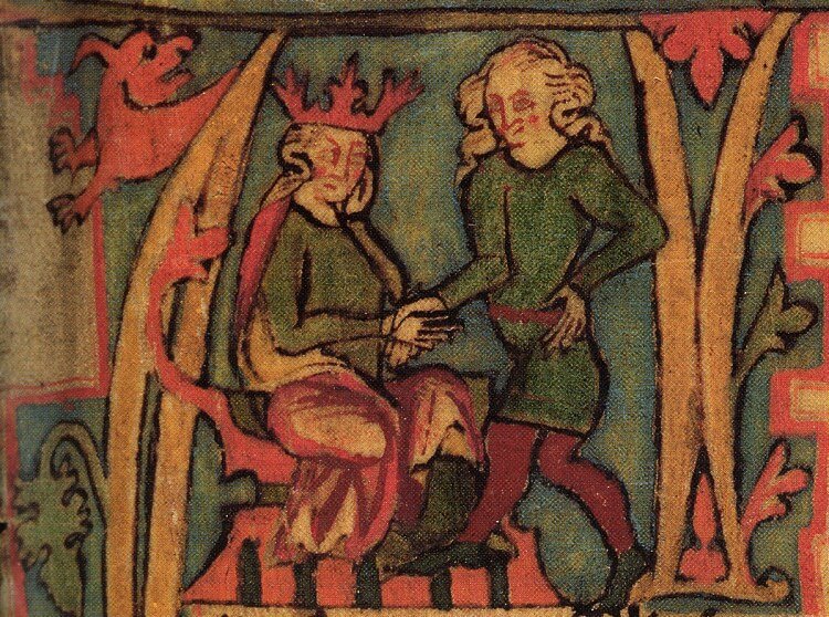 Ο Χάραλντ Χορφάγκρε παίρνει το βασίλειο της Νορβηγίας από τον πατέρα του, παράσταση από χειρόγραφο του 14ου αιώνα (πηγή: Wikimedia Commons)
