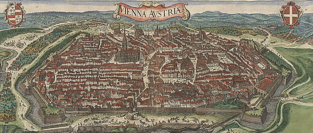 Χαρακτική αποτύπωση της Βιέννης του 17ου αιώνα: στη θέση των τειχών κατασκευάστηκε δύο αιώνες αργότερα η Ρίνγκστρασε (πηγή: Wikimedia Commons)