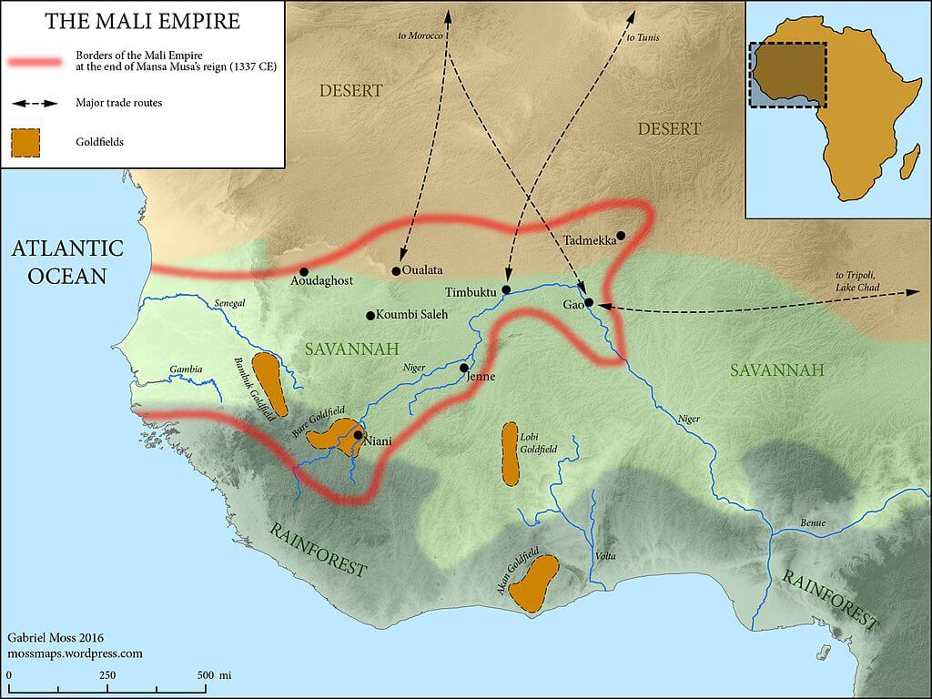 Η αυτοκρατορία του Μάλι την εποχή του θανάτου του Μάνσα Μούσα: σημειώνονται οι εμπορικές οδοί και τα σημεία των ορυχείων χρυσού (πηγή: Wikimedia Commons/Gabriel Moss)