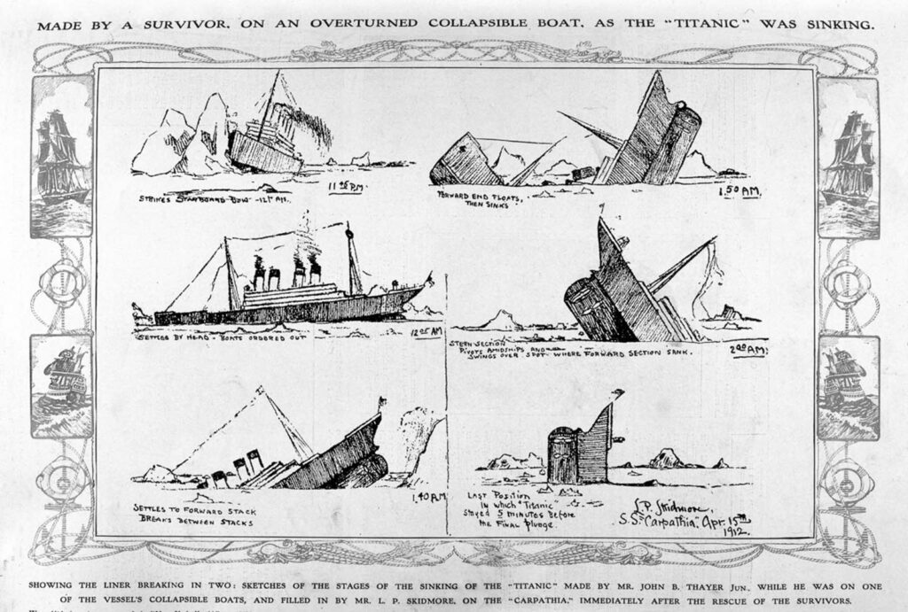 Ένα σκίτσο της βύθισης του Τιτανικού που σχεδίασε ο John B. Thayer ενώ βρισκόταν σε σωσίβια λέμβο που ανατράπηκε! Το συμπλήρωσε ο P.L. Skidmore στο Carpathia.