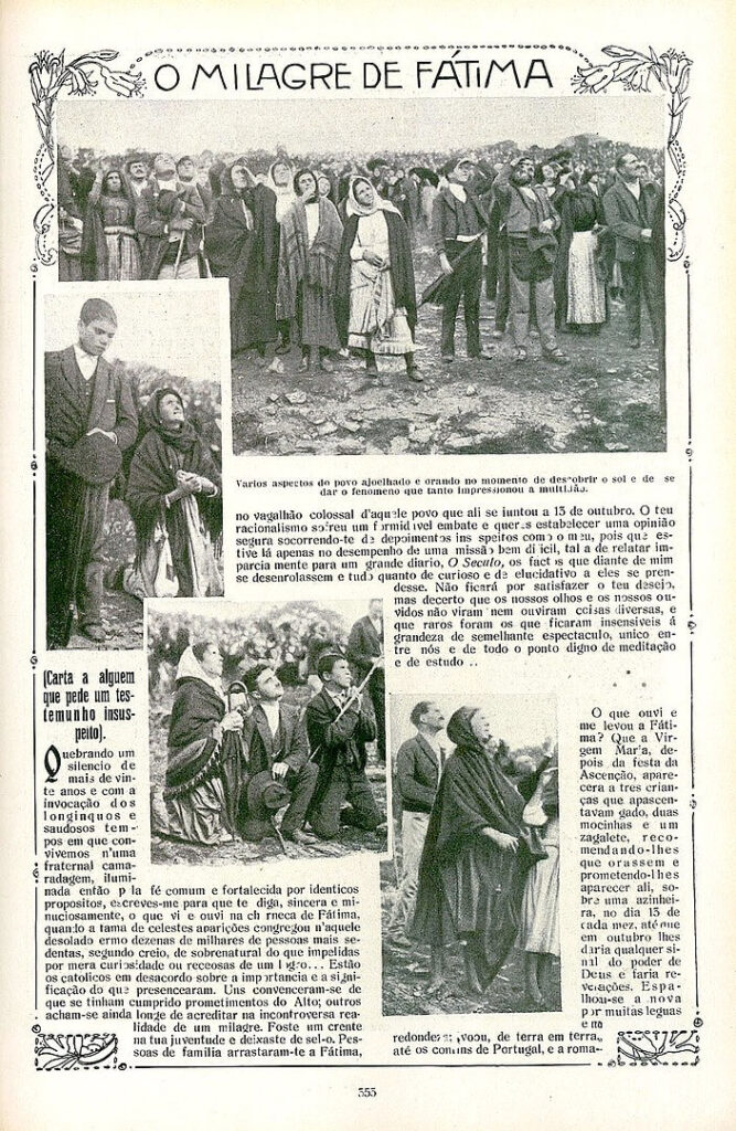 Σελίδα από την Ilustração Portuguesa, της 29ης Οκτωβρίου του 1917, που δείχνει τους ανθρώπους να κοιτάζουν τον Ήλιο κατά τη διάρκεια των εμφανίσεων της Φάτιμα που αποδίδονται στην Παναγία (πηγή: wikipedia)