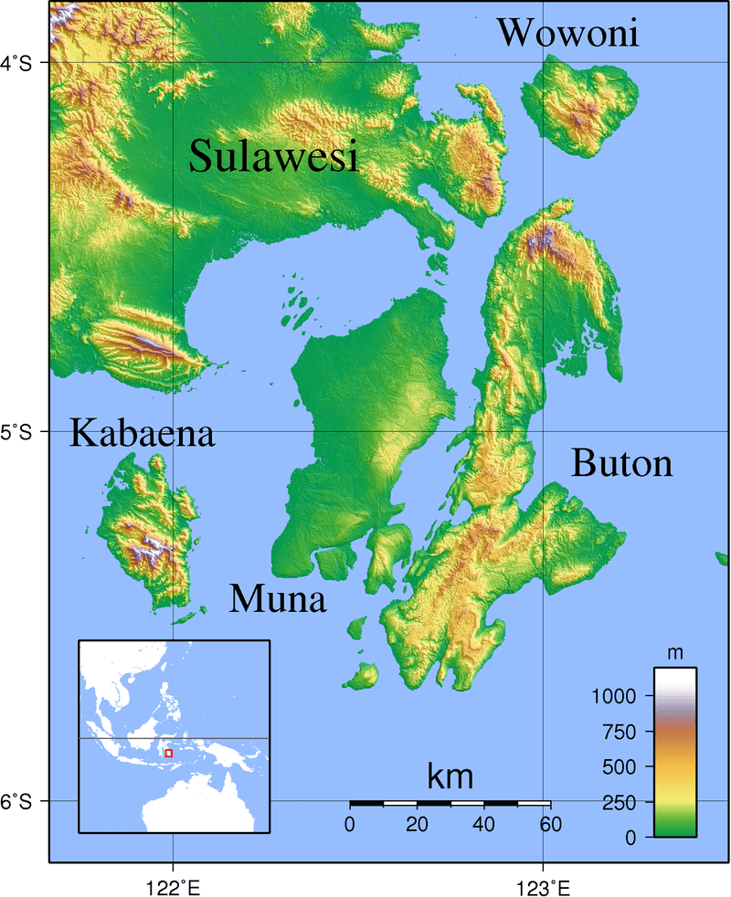 Εδώ οι καλοί οι χάρτες: Η μεγαλύτερη πόλη του είναι το Baubau, όπου ομιλούνται οι γλώσσες Wolio και Cia-Cia. Τα σημαντικότερα κοντινά νησιά είναι το Wawonii (στα βόρεια), το Muna και την Kabaena (στα δυτικά) και το Siumpu (στα νοτιοδυτικά).