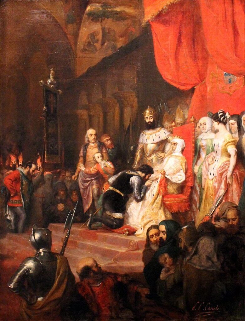 Ο Πέτρος Α΄ τοποθετεί την σορό της Ινές ντε Κάστρο στον θρόνο, έργο του 19ου αιώνα (πηγή: wikipedia)