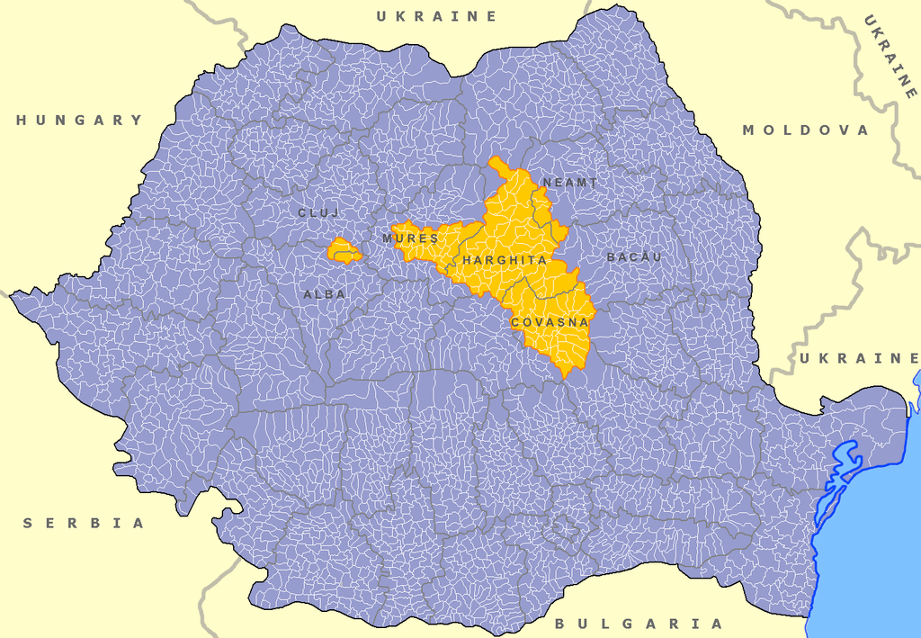Χάρτης της Ρουμανίας: με κίτρινο χρώμα η ιστορική περιοχή των Σέκελι (πηγή: Wikimedia Commons)