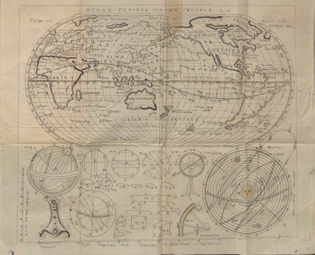 Ο παγκόσμιος χάρτης και διάφορα γεωμετρικά και αστρονομικά σχέδια. Ο Καναδάς αναφέρεται ως «Γη Άγνωστος», ο Ειρηνικός Ωκεανός ως «Αγαληνότατος» και η Αυστραλία ως «Νέα Ολλανδία». Επίσης, η Ανταρκτική απουσιάζει εντελώς, καθώς ανακαλύφθηκε λίγο αργότερα