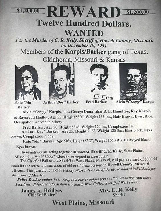 Η αφίσα με την επικήρυξη των καταζητούμενων μελών της συμμορίας Μπάρκερ-Κάρπις (πηγή: legendsofamerica.com)