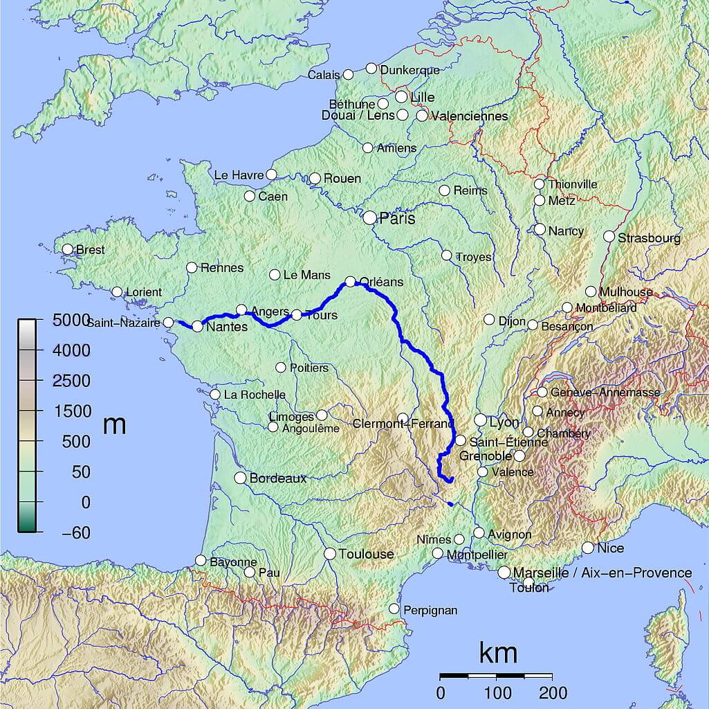 Χάρτης της Γαλλίας με σημειωμένη την πορεία του Λίγηρα (πηγή: Wikimedia Commons)