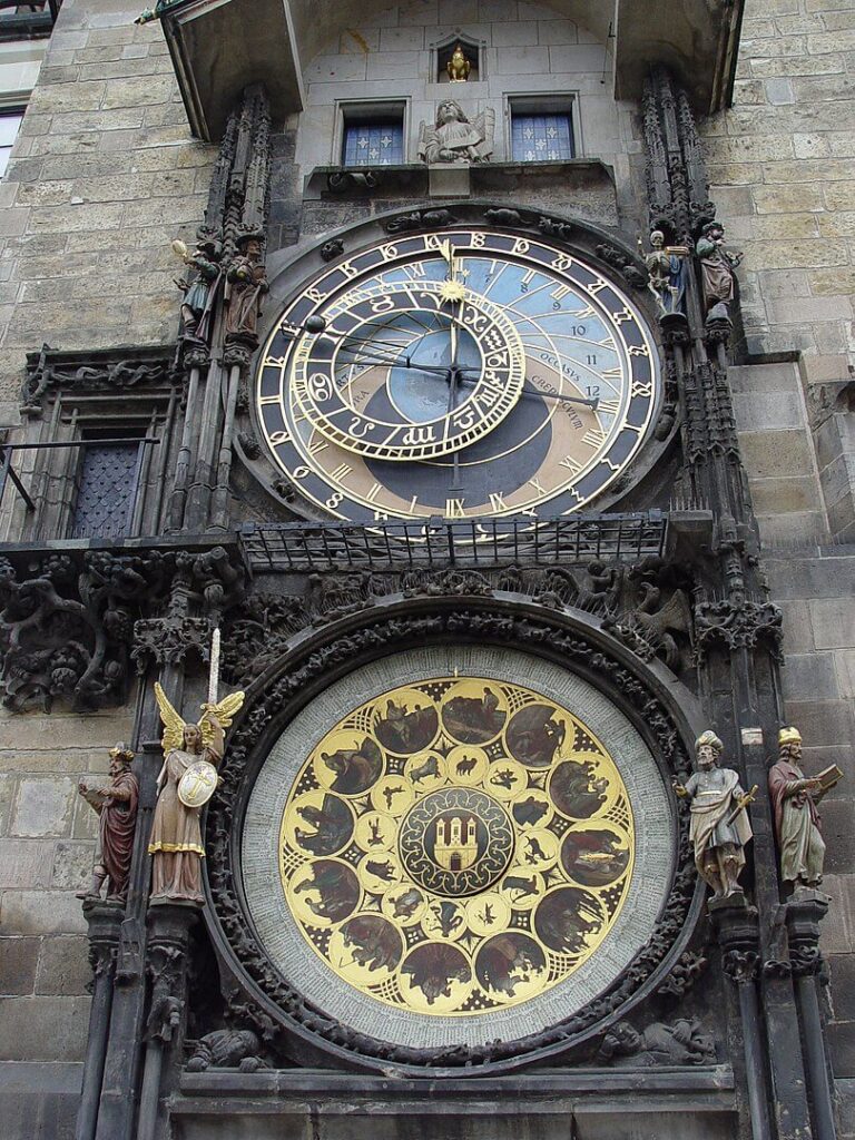 Το Αστρονομικό Ρολόι της Πράγας (ο κάτω κυκλικός δίσκος είναι το Ημερολόγιο του Μάνες). (πηγή: wikipedia)