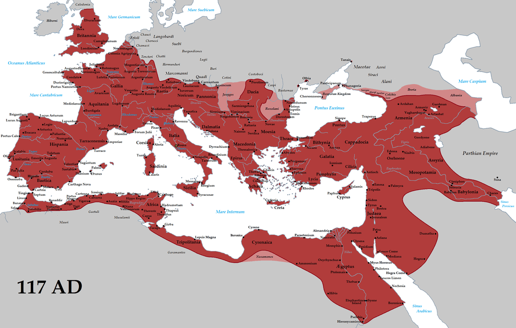 Η Ρωμαϊκή Αυτοκρατορία το 117 μ.Χ., στην εποχή της μέγιστης εξάπλωσής της (πηγή: Wikimedia Commons)