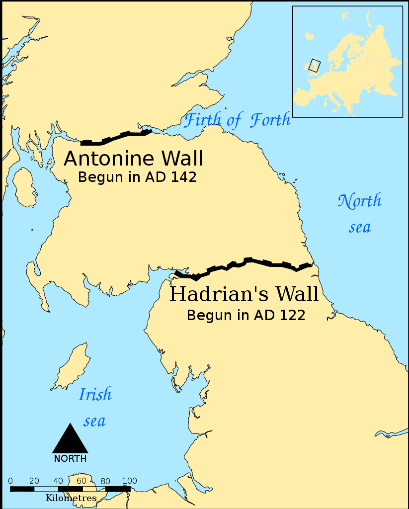 Χάρτης όπου σημειώνονται τα τείχη του Αδριανού και του Αντωνίνου (πηγή: Wikimedia Commons)