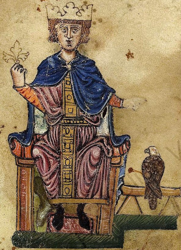 Προσωπογραφία του Φρειδερίκου Β’ με ένα γεράκι από μεσαιωνικό χειρόγραφο που φυλάσσεται στη Βιβλιοθήκη του Βατικανού (πηγή: worldhistory.org)