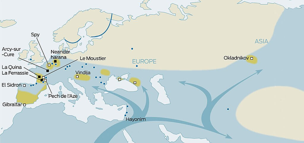 Χάρτης της εξάπλωσης του Homo sapiens (μπλε) και της αντίστοιχης συρρίκνωσης του Homo neanderthalensis (κίτρινο) (πηγή: Wikimedia Commons)
