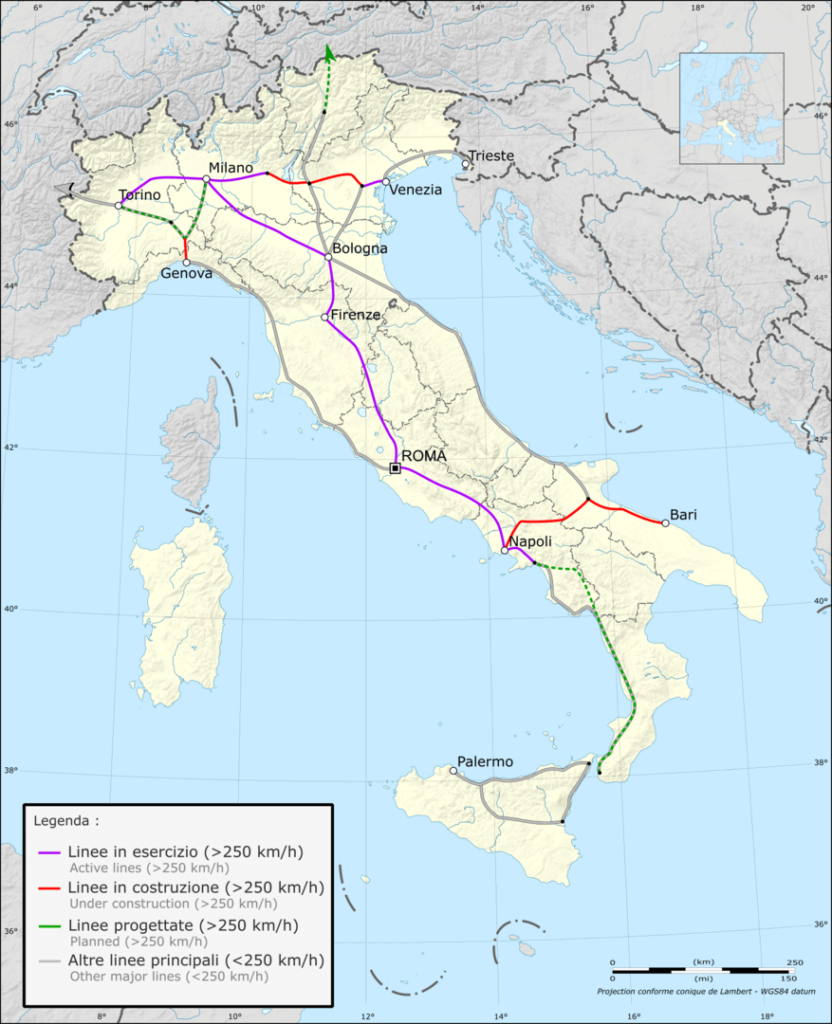 Χάρτης του ιταλικού σιδηροδρομικού δικτύου υψηλής ταχύτητας (πηγή: wikipedia)