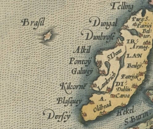 Η θέση της νήσου Hy-Brasil στα βορειοδυτικά της Ιρλανδίας, όπως απεικονίζεται στον άτλαντα του Abraham Ortelius "Theatrum Orbis Terrarum" ή "Θέατρον της Υδρογείου" που εκδόθηκε το 1570 και θεωρείται ο πρώτος σύγχρονος άτλαντας (πηγή: lifo.gr)